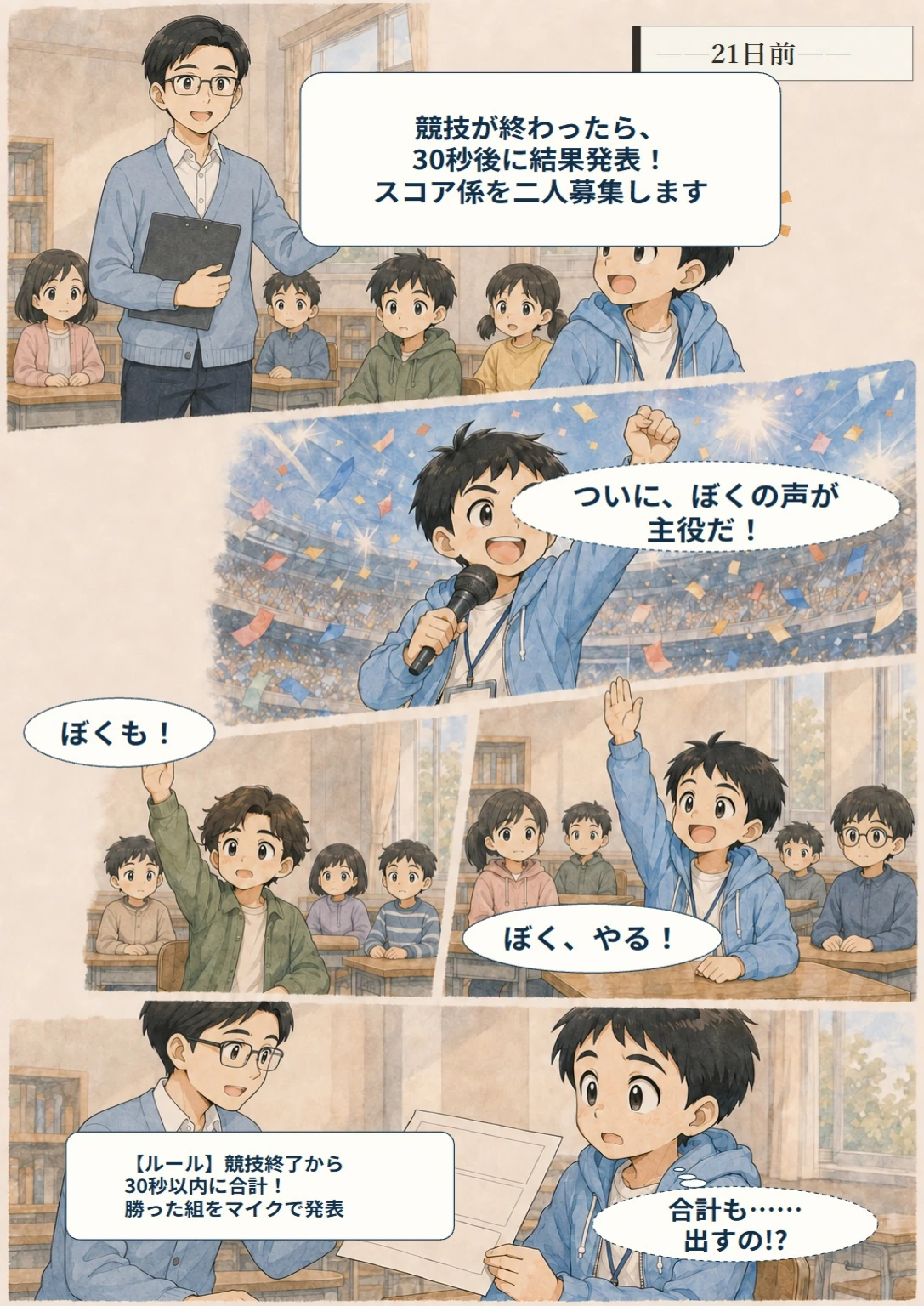 あと10秒!ぼくらのスコア大作戦 第2ページ。21日前、ぼくは手を挙げた。台詞は直後の読みやすい表示で確認できます。