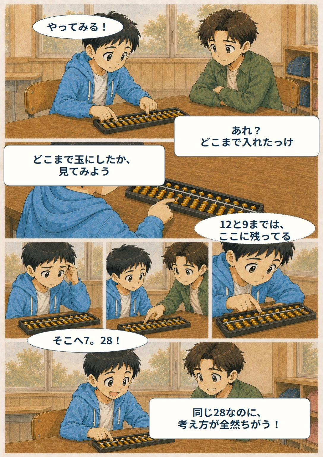 あと10秒!ぼくらのスコア大作戦 第8ページ。同じ28なのに。台詞は直後の読みやすい表示で確認できます。