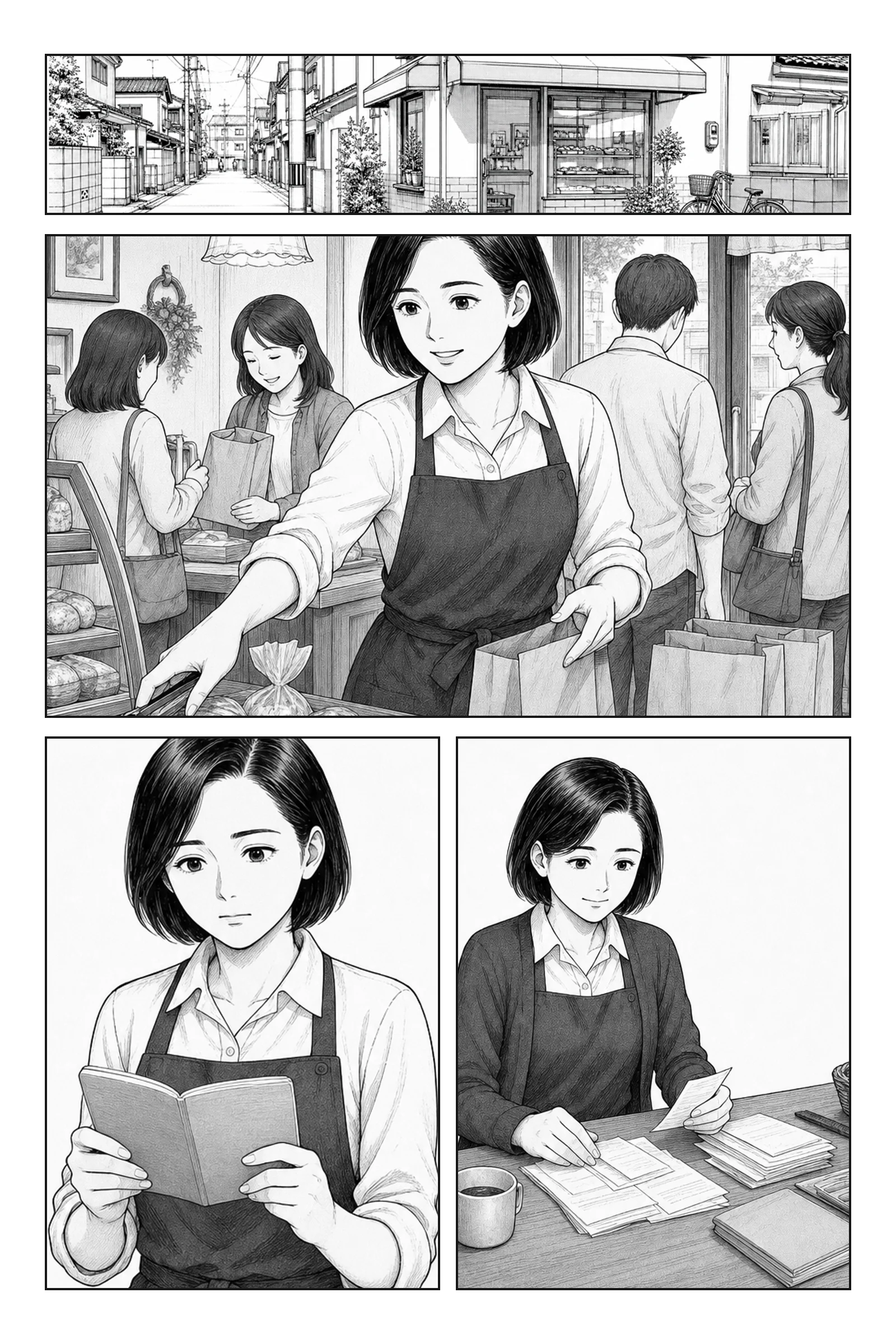 税理士編の第1ページ。町角の焼き菓子店と、閉店後に売上と通帳を確認する店主